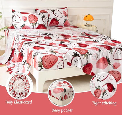 SDY 7PCS Strawberry Comforter and Sheet Set Queen Size, Cute Kawaii Pink Bedding Set for Girls, Kids Includes 1*Comforter,1* Flat Sheet, 1*Fitted Sheet,2*Pillowcases and 2*PillowcaseShams