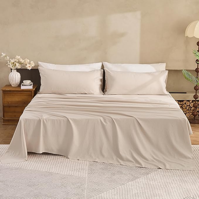 Simple&Opulence Belgian Linen Sheet Set Solid Color - 5 Pieces (1 Flat Sheet, 2 Fitted Sheets & 2 Pillowcases) Natural Flax Cotton Blend Soft Breathable Farmhouse Bedding - Split King Size, Linen