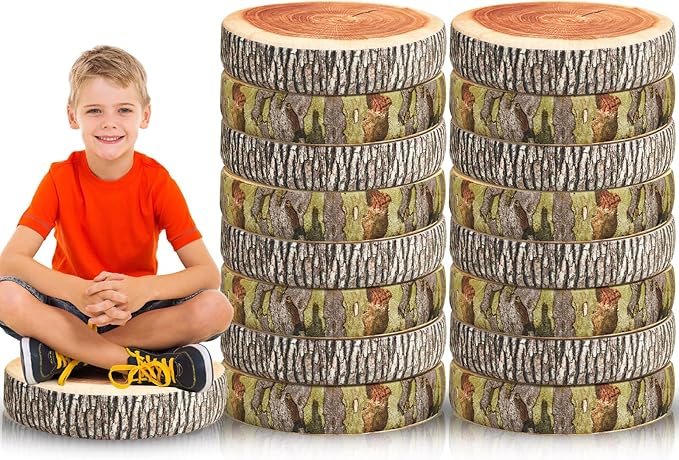 Juexica 16 Pcs Decorative Soft Round Throw Pillow Circle Seating Tree Stump Pillow 3D Digital Print Stump Cushion Flexible Seating Floor Cushion Natural Wood Forest Decor for Classroom Home Couch