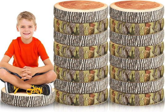 Juexica 16 Pcs Decorative Soft Round Throw Pillow Circle Seating Tree Stump Pillow 3D Digital Print Stump Cushion Flexible Seating Floor Cushion Natural Wood Forest Decor for Classroom Home Couch