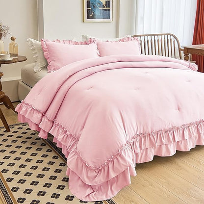 AIKASY Peach Pink Ruffle Comforter Set Queen, 3 Pieces Vintage Ruffle Fringe Comforter, Farmhouse Rustic Microfiber Down Alternative Bedding