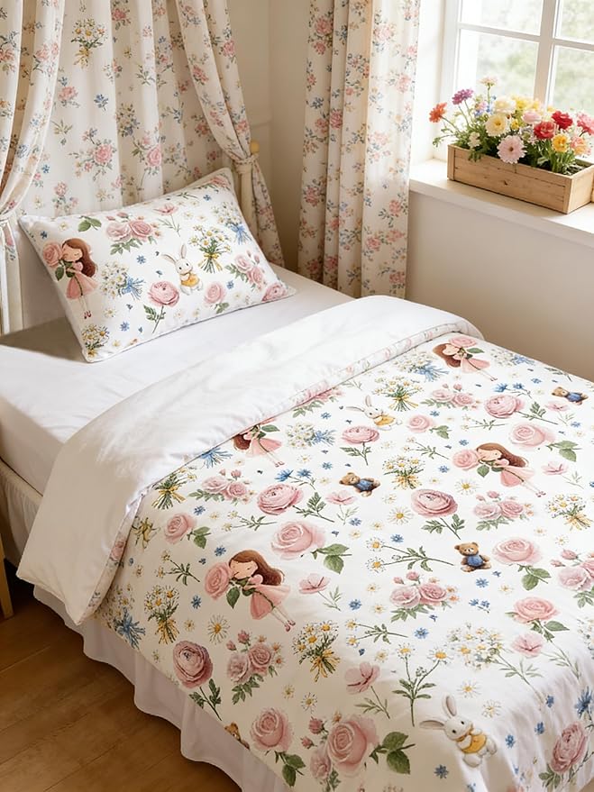 Girls Priness Botanical Comforter Set Full Size, 3Pcs Pink Rose Bedding for Kids Kawaii Bedroom Decor, Cute Priness Girly Rabbit Bear Comforter Set with 2 Pillowcases, 79"x90"