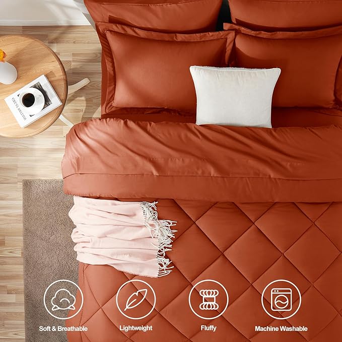 CozyLux Full Size Comforter Sets Burnt Orange - 7 Pieces Bed in a Bag Full, Luxury Soft Bed Set for All Seasons, Bedding Set with Down Alternative Comforter, Sheets, Pillowcases & Shams, Terracotta