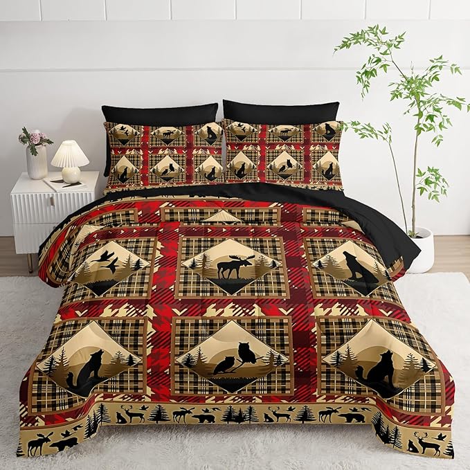 7 Piece Red Bed in A Bag Boho Comforter Set King Size，King Bedding Sets 7 Pieces Deer/Elk/Bear，(1 Comforter, 1 Flat Sheet, 1 Fitted Sheet, 2 Pillowcase and 2 Pillow Sham)