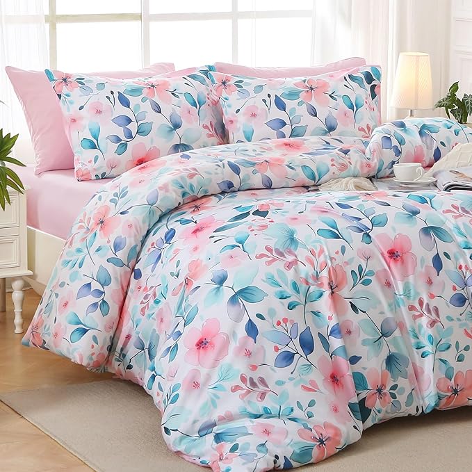 MUXHOMO Pink Blue Branch Full Comforter Set, Elegant Floral Print Bed in a Bag 7 Pieces, Ultra Soft & Breathable Reversible Botanical Pattern Bedding Set with Comforter, Sheets, Pillowcases, and Shams