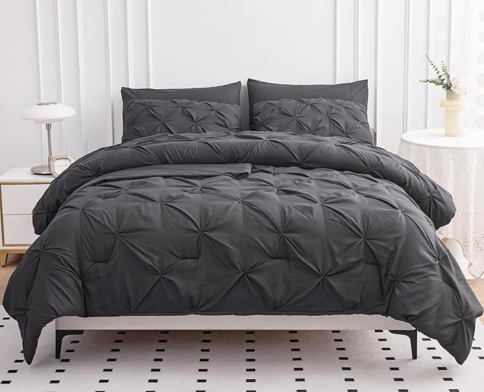 LANE LINEN Full Size Comforter - Set of 7 Piece - Elegant Pintuck Detailing - Complete Bed in a Bag Collection - Very-Soft Microfiber Bedding Set - Petfect Fit, Low Maintenance Bedding Solution – Grey | Soft microfiber, Even fit drape, Low maintenance,...