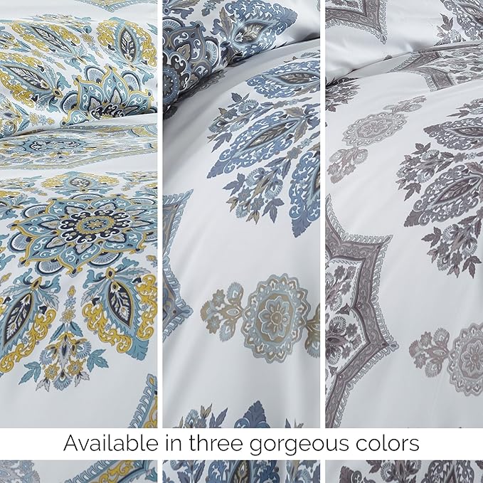 Southshore Fine Living, Inc. Oversized Comforter Full Size Set, Down Alternative Boho Bedding, Paisley Floral Print Bed Spread, Full Size/Queen with 2 Matching Shams, Blue on White