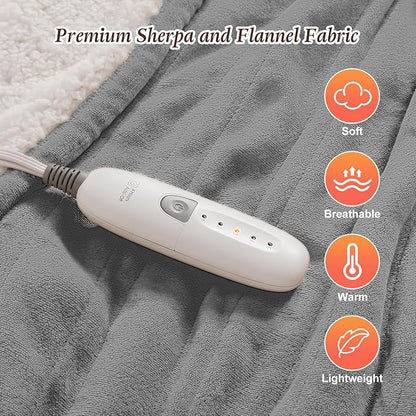 Electric Throw Blanket Heated Throw 50''x60'', Small Heated Throw Blanket for Office with Fast Heating & Overheat Protection, Silky Flannel and Sherpa Fleece Heated Blankets for Grandma Gifts (Gray)