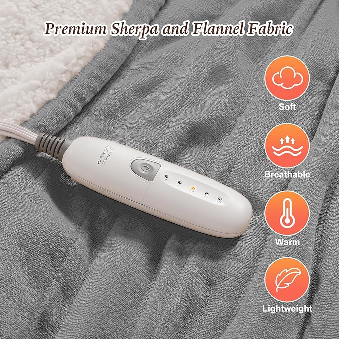 Full Size Electric Blanket Heated Blankets 72''x84'' - Ultra Soft Sherpa Fleece Heated Blanket for Office with 5 Heat Levels & 10-Hour Timer, FCC and ETL Certified Warming Blanket for Grandma (Gray)