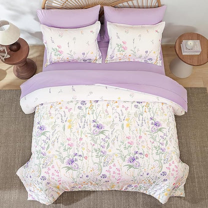Yiran 7 Piece Floral Full Size Comforter Set, Purple Flower Comforters Bedding Set Aesthetic Botanical Bed in a Bag for Women Girls, Soft Microfiber Cottagecore Farmhouse Bed Set with Sheets