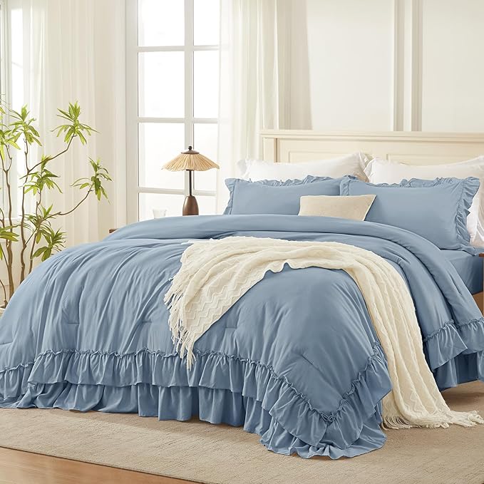 Andency Oversized Queen Ruffle Comforter Set, 3 Pieces Shabby Chic Farmhouse Bedding Set, Lightweight Soft Comforter Set 98x98 for Girls Women (1 Comforter 2 Pillowcases), Grayish Blue