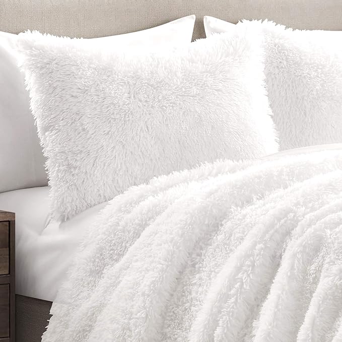 Lush Decor Emma Faux Fur Comforter King Size 3 Piece Set White - White Bedding Set King Comforters - Fluffy Comforter - Modern Decor