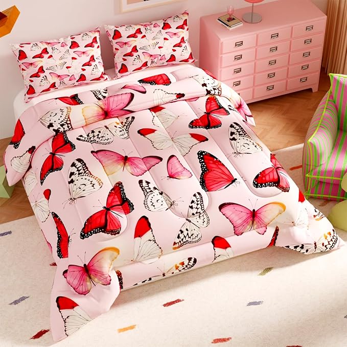 Pink Butterfly Comforter Set, 3D Pattern for Kids Teens Adults,Decorative Bedding Comforter Sets with 2 Pillow Shams, Twin Size