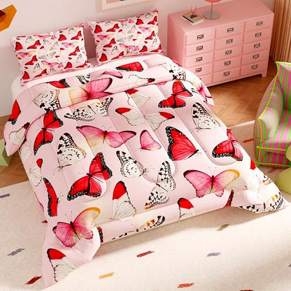 Pink Butterfly Comforter Set, 3D Pattern for Kids Teens Adults,Decorative Bedding Comforter Sets with 2 Pillow Shams, Twin Size