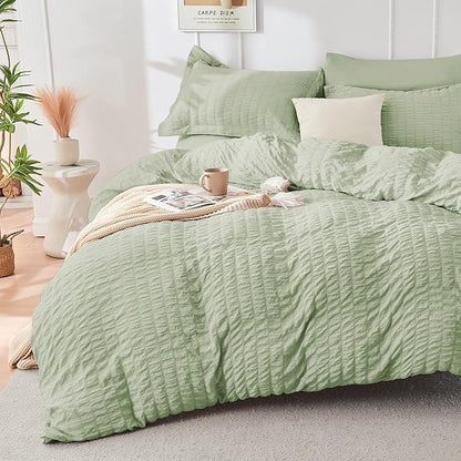 HYMOKEGE Light Green California King Comforter Set Seersucker 7 Pieces, All Season Luxury Bed in a Bag for Bedroom, Bedding Set with Comforters, Sheets, Pillowcases & Shams