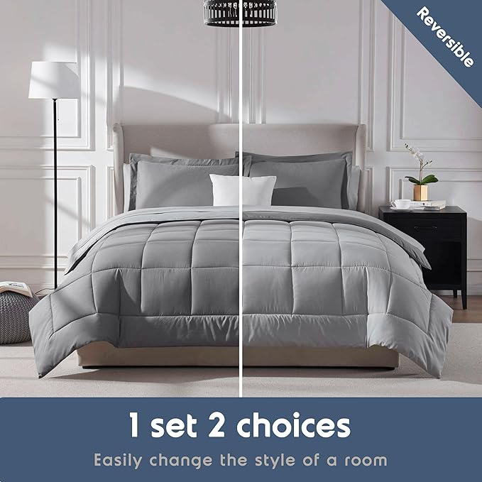 Nestl 7 Piece King Comforter Set – Grey Reversible Bed in a Bag – Complete King Size Bedding Set with Sheets, Pillowcases and Shams