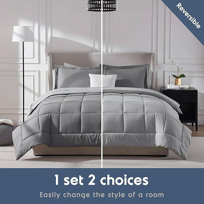 Nestl 7 Piece King Comforter Set – Grey Reversible Bed in a Bag – Complete King Size Bedding Set with Sheets, Pillowcases and Shams