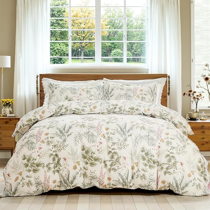 100% Cotton Comforter Queen Size Green Floral Bedding Set Reversible Botanical Comforter Set 3 Pcs Cottagecore Aesthetic Soft Bedding Sets for All Season