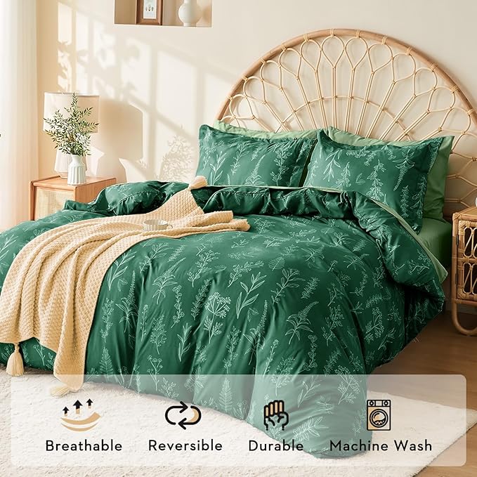 MUXHOMO Emerald Green Bed in a Bag King 7 Pieces, King Comforter Set Reversible Botanical Flowers Design, Ultra Soft & Breathable Bedding Sets with Comforter, Sheets, Pillowcases & Shams