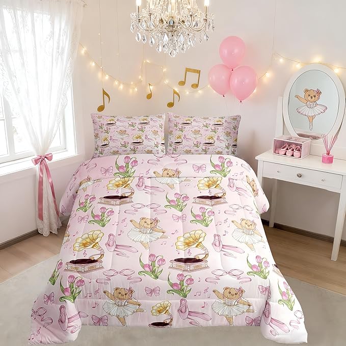 Manfei Pink Bowknot Kids Comforter Set Queen Size,Ballet Shoe Bow Tie Cute Bear Bedding Set,Girls Boys Room Decor,Music Note Tulip Quilt Comforter,Princess Duvet Set Bedroom Quilt Set,2 Pillowcases