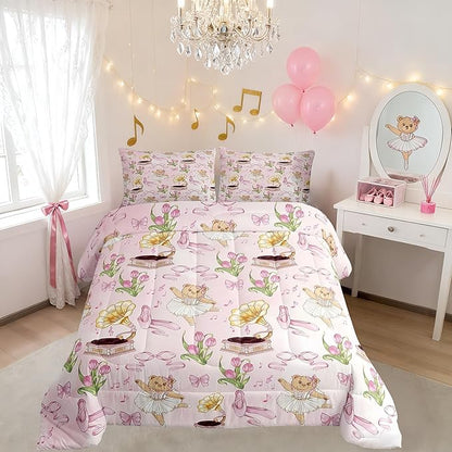 Manfei Pink Bowknot Kids Comforter Set Queen Size,Ballet Shoe Bow Tie Cute Bear Bedding Set,Girls Boys Room Decor,Music Note Tulip Quilt Comforter,Princess Duvet Set Bedroom Quilt Set,2 Pillowcases