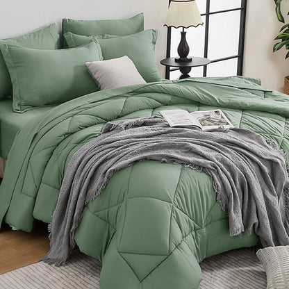 HEVUMYI Sage Green Twin Comforter Set - 5-Piece All Season Bed in a Bag Twin, Ultra Soft Bedding Set with Comforter, Flat Sheet, Fitted Sheet, Pillowcases, Pillow Shams, Sage Green