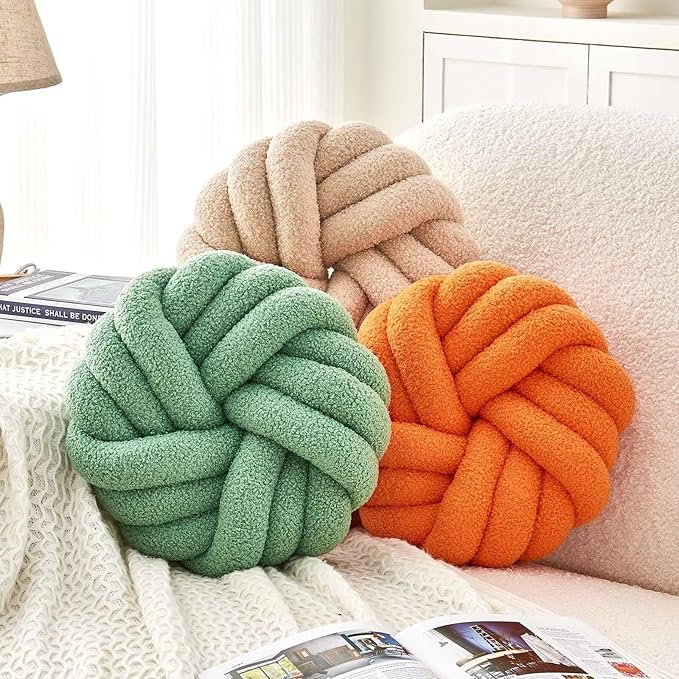 Uvvyui Knot Pillows, 14 Inch Decorative Throw Pillows Round Pillows Cushion, Soft Handmade Knotted Ball Pillow Plush Cushion Home Decor for Bed Couch Living Room (Orange, 14 Inch)