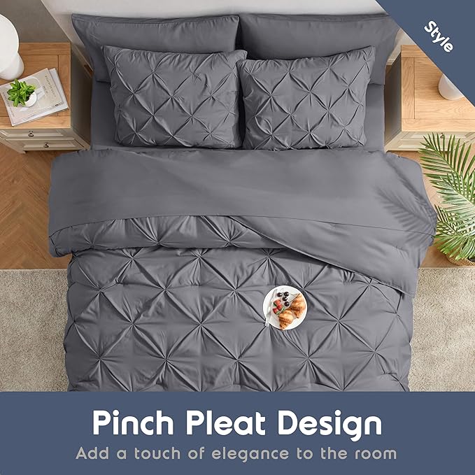 Nestl 7 Piece Comforter Set - Pinch Pleated King Comforter, Dark Grey, All Season King Bed Set, Bedding Set with Flat Sheet, Fitted Sheet, Pillowcases and Shams