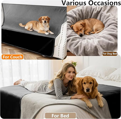 Waterproof Blanket for Couch, Leak Proof Dog Bed Blankets Reversible, Pet Throw Sofa Furniture Protector Machine Washable-68 x82,Black+Lightgrey