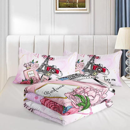 HOSIMA Pink Paris Bedroom Comforter Set, French Eiffel Tower Bedding Sets, Romantic Paris Decor for Bedroom, Fluffy Comforter 3 Pcs Twin Size