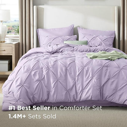 Bedsure Twin Comforter Set Light Purple - Bed in a Bag Twin Size Bedding 5 Pieces, GentleSoft™ Pintuck Bed Set Gift for Family, Pinch Pleat Light Purple Comforter with Sheets, Pillowcase & Sham