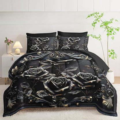 Comforter Set Queen Size Bed 7 Piece Roses，Black Queen Quilt Bedding Set Roses，Rose Bedroom Decor for Bed，(1 Comforter, 1 Flat Sheet, 1 Fitted Sheet, 2 Pillowcase and 2 Pillow Sham)