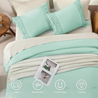 Andency Mint Comforter Set California King, 3 Pieces Boho Cal King Tassel Lightweight Soft Bedding Comforter Sets, Oversized Bed Set (104x96In Comforter & 2 Pillowcases)