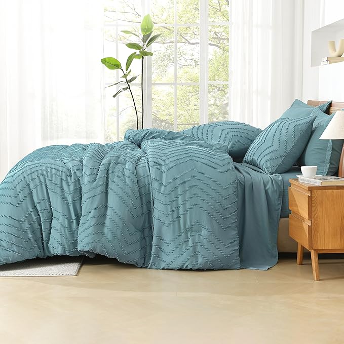 Litanika Grayish Teal King Size Comforter Set with Sheets - 7 Pieces Bed in a Bag King Boho Tufted Complete Bedding Sets with Comforter, Sheets, Pillowcases & Shams