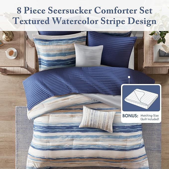 Madison Park Marina Comforter Quilt Combo Set - Modern Luxury Design, All Season Down Alternative Bedding, Matching Shams, Decorative Pillows, Full/Queen(90"x90"), Seersucker Blue 8 Piece