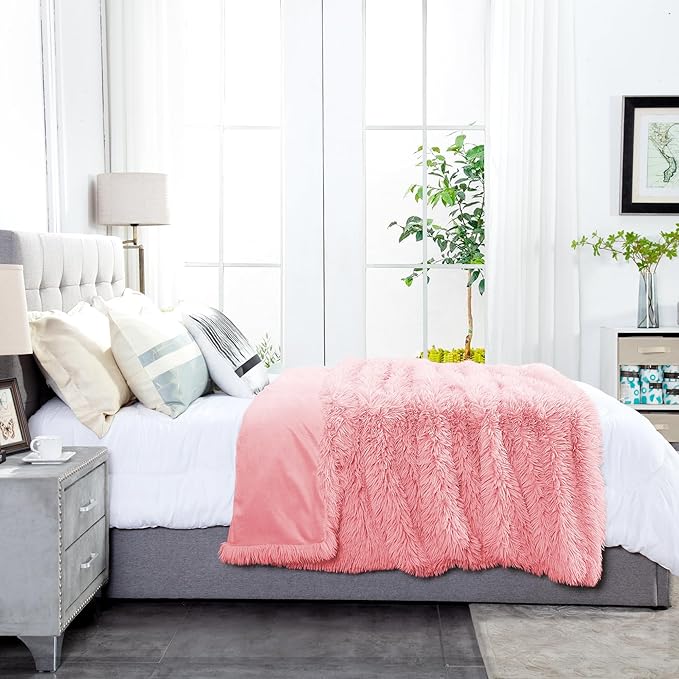 JONIYEAR Oversized Decorative Fluffy Faux Fur Throw Blanket Twin Size 60" x 71", Soft Luxury Lightweight Furry Blankets, Accent Cozy Shaggy Plush Fuzzy Blankets for Bed,Thick Warm Winter Blanket, Pink