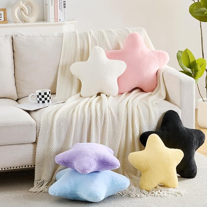 Star Pillow 15.7" Yellow Star Shaped Decorative Throw Pillow for Couch Bed Aesthetic Plush Floor Seating Cushions with Soft Faux Rabbit Fur for Sofa Bedroom Living Room