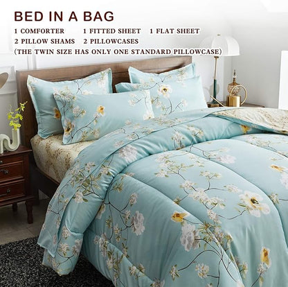 Joyreap 7 Piece Bed in a Bag King, Aqua Floral Elegant Design, Smooth Soft Microfiber Comforter Set (1 Comforter, 2 Pillow Shams, 1 Flat Sheet, 1 Fitted Sheet, 2 Pillowcases)