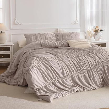 Lady Ann Queen Comforter Set Camel Ruched Boho Bedding Comforter Sets 90x90 for Bedroom Ultra Soft & Luxurious 3 Piece Fluffy Bed Sets