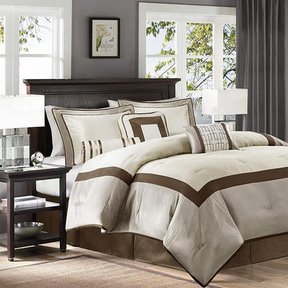 Madison Park Cozy Comforter Set-Deluxe Hotel Collection, All Season Down Alternative Luxury Bedding with Matching Shams, Decorative Pillows, California King (104"x92"), Genevieve, Taupe/Brown 7 Piece