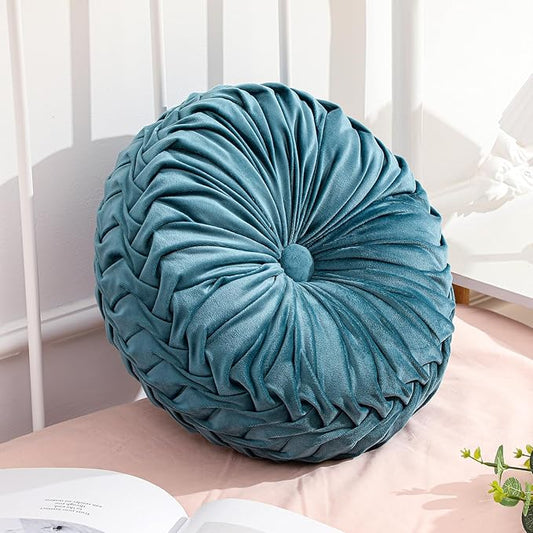 1 Pcs Round Throw Pillows Decorative Velvet Pleated Throw Pillows 15'' Diameter Accent Pumpkin Boho Chair Cushion for Couch Sofa Chair Bed Home Decoration (Dusty Blue)