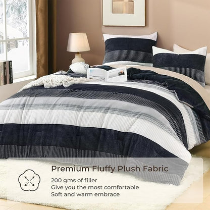 Litanika Fluffy Fleece Queen Comforter Set, Luxury Soft Plush Fuzzy Black Blue Stripe Bedding Comforter Sets, Warm Shaggy Faux Fur Bed Set All Season (1 Comforter, 2 Pillowcases)