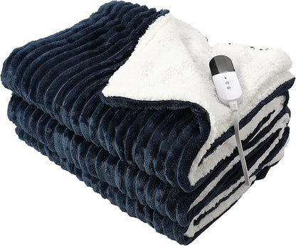 Electric Blanket Heated Twin Blanket, Super Soft Flannel & Sherpa Electric Twin Blanket with 6 Fast Heating Levels, 10 Hours Auto Off & OverHeat Protection, Machine Washable, 62'' X 84'', Navy Blue