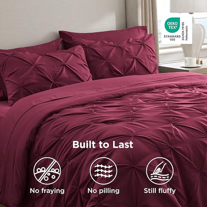 Bedsure Twin Comforter Set Burgundy - Bed in a Bag Twin Size Bedding 5 Pieces, GentleSoft™ Pintuck Bed Set Gift for Family, Pinch Pleat Burgundy Comforter with Sheets, Pillowcase & Sham