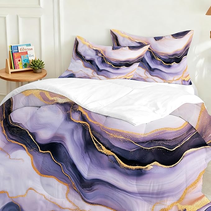 Marble Kids Comforter Sets Full Size Purple Gold Bedding Set Tie-Dye Purple Marbling Texture Bed Set for Bedroom Decor Soft Quilt Set with 1 Comforter + 2 Pillowcases