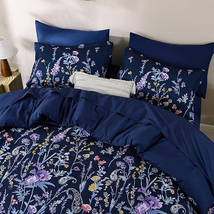 Yiran Navy Floral Comforter Set Queen Size, 7 Piece Blue Botanical Flowers Comforter Bedding Set, Bed in a Bag Queen, Soft Microfiber Complete Bedding Set with Sheets for All Season