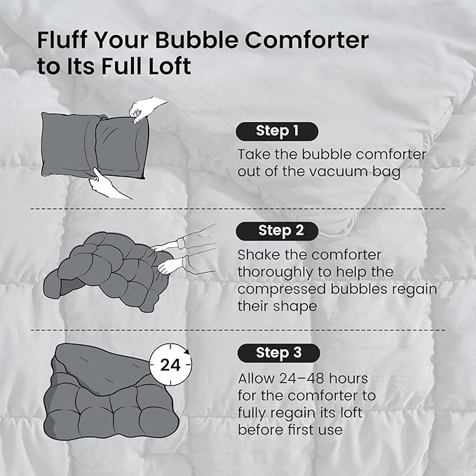 Amélie Home Queen Comforter Set, 3 Pieces Grey Bubble Bedding Set for All Season, Ultra Soft Cozy Comforter, Farmhouse Luxury Gift for Women Home Decor