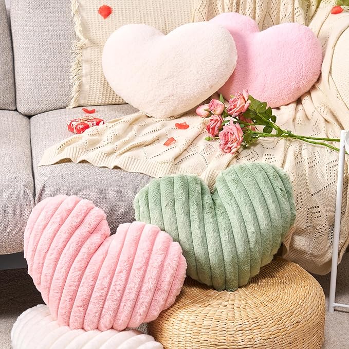 2 Pack White Heart Pillow Decorative Throw Pillows, Fluffy Heart Shaped Pillow for Bed Couch Chair, Faux Fur Cute Love Pillow Cushion for Room Decor, Valentines Day, 15" x 13"