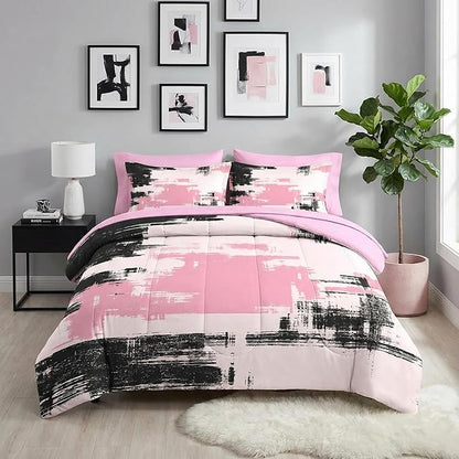 Nesker 7 Pcs Comforter Set Full Size, Modern Abstract Graffiti Art Bedding Set for Kids and Adults, Children Pink Black Bed Sheet Sets with Fitted Sheet 2 Pillowcases & 2 Shams