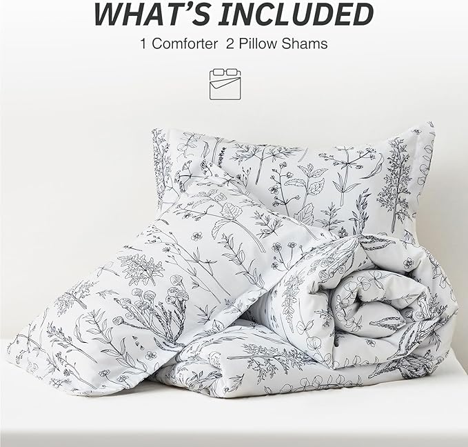 Love's cabin White Queen Size Comforter Set - Queen Comforter Set, 3 Pieces Cute Floral Bedding Sets for All Seasons,1 Soft Reversible Botanical Flowers Comforter and 2 Pillow Shams